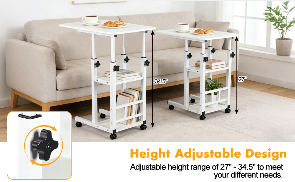 Modern Overbed Table Height Adjustable Bed Side Table Rolling Sofa End Table