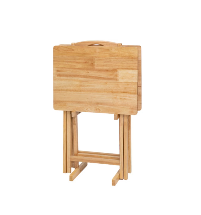 Rubberwood Folding TV Tray Table Set 2Pc Natural with Storage Rack