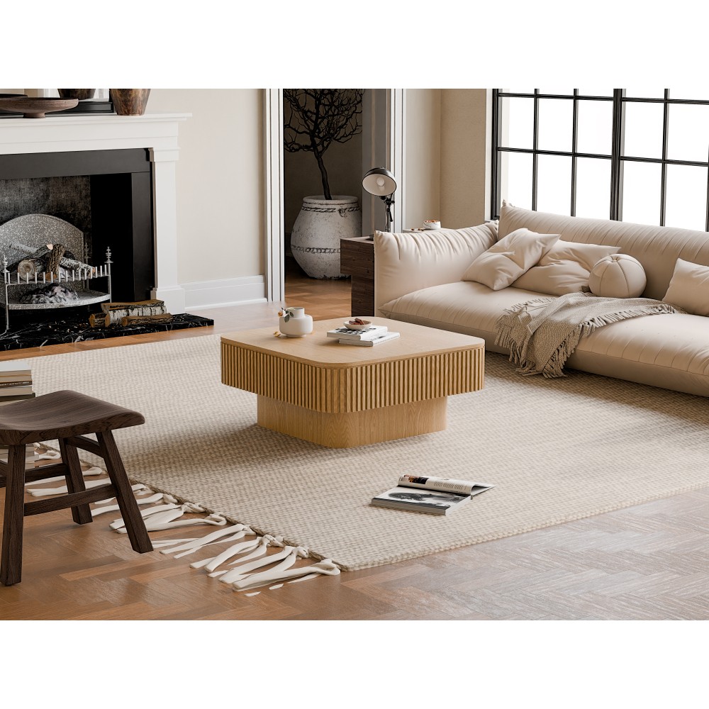 31.5” Square Coffee Table with Storage Solid Wood Veneered, Natural Wood