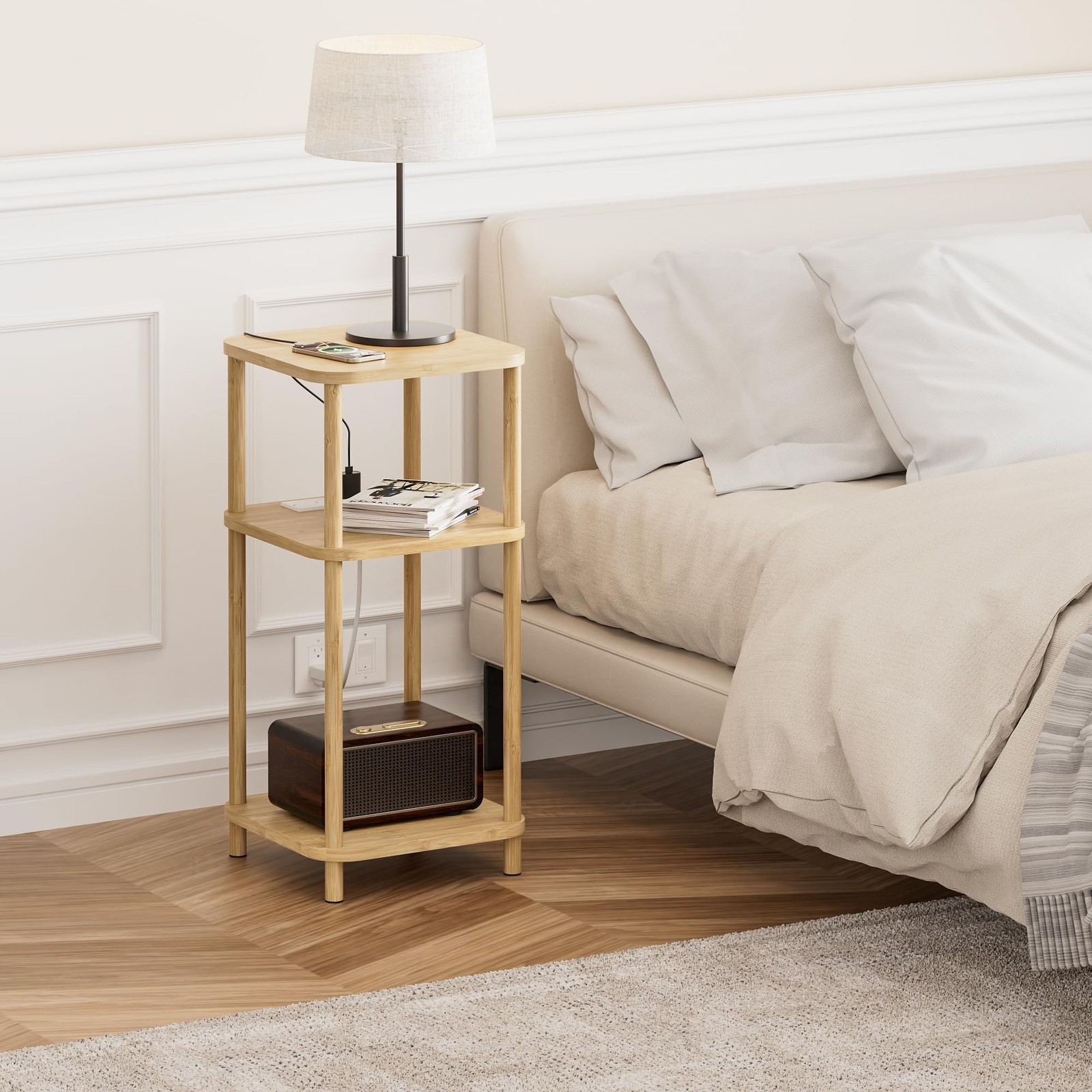 SANLUCE Bamboo End Table with Charging Station, Side Table for Small Space, S…
