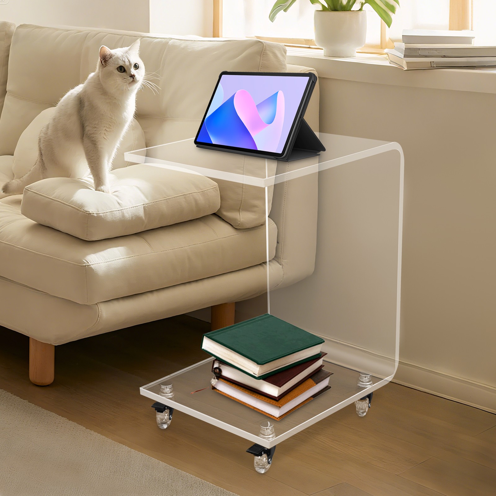 Clear Acrylic C-Shaped Side Table 13.8 × 13.8 × 22 In With 4 Wheels