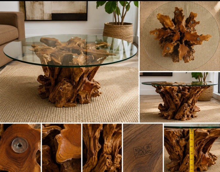 Wood Root Coffee Table Round Glass Top 36”Indonesian Teak Live Edge READ
