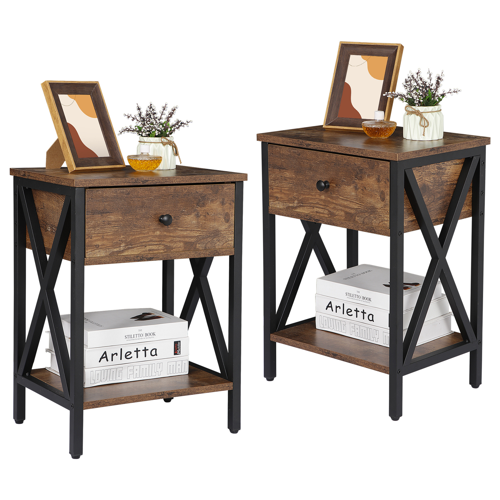 Set of 2 End Tables X-Design Legs Side Sofa Table Storage Shelf W/Drawer Brown