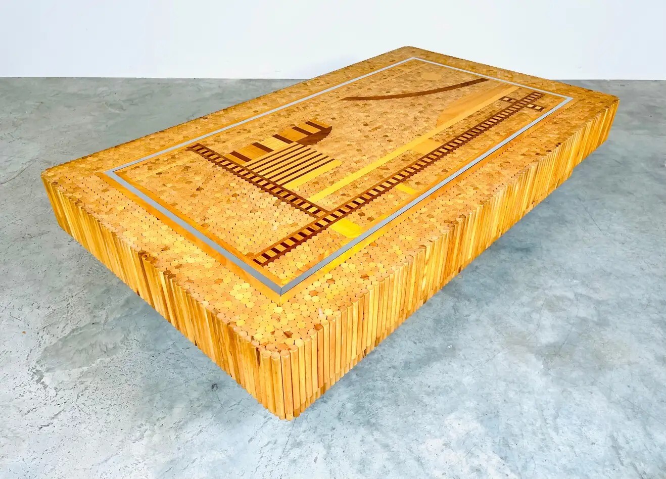 Patterned Marquetry Scenic Organic Doweled Teak Coffee Or Cocktail Table