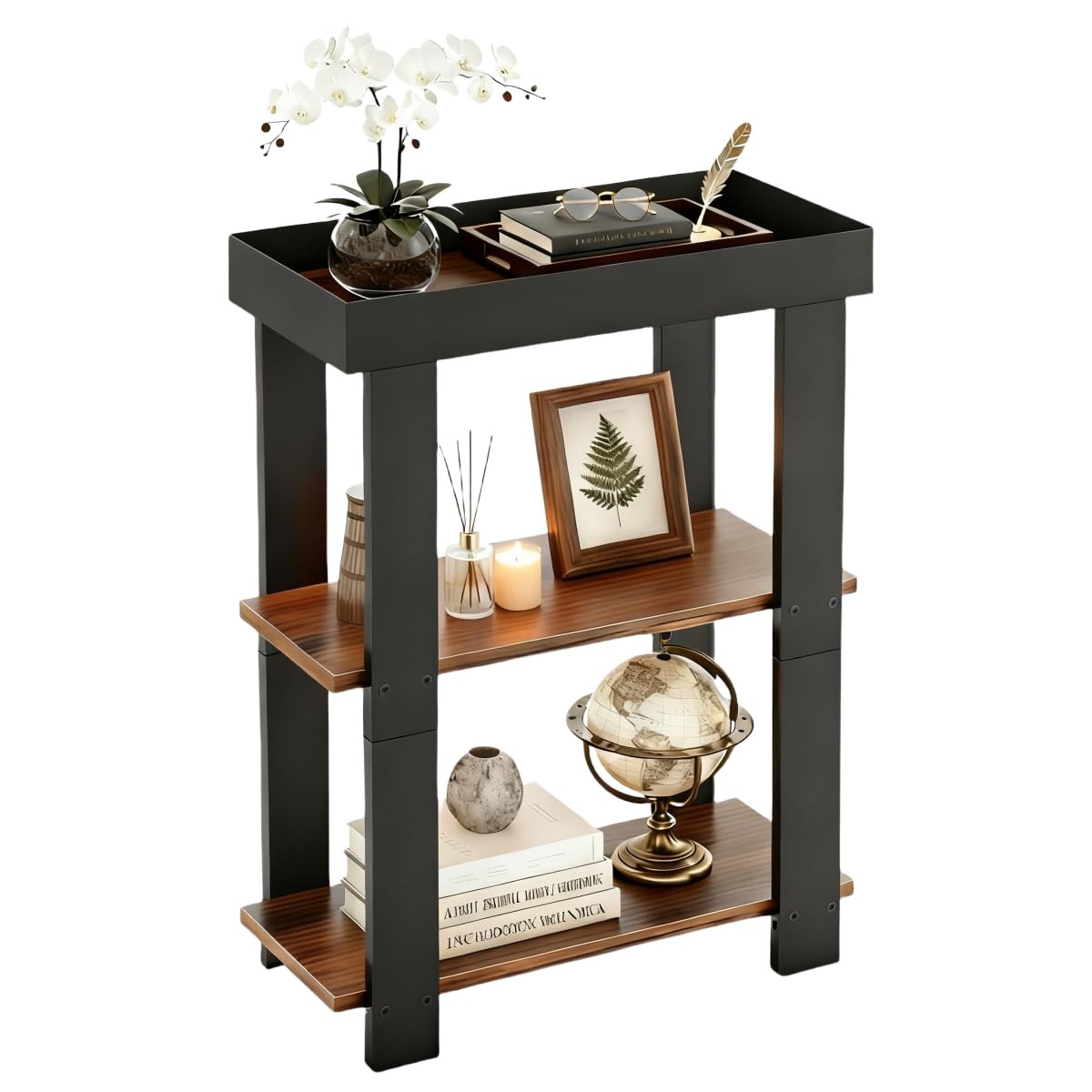 ZEXVIDA Narrow Side Table, 3-Tier 15.8″ x 8″ x 21.7″, Rustic Brown