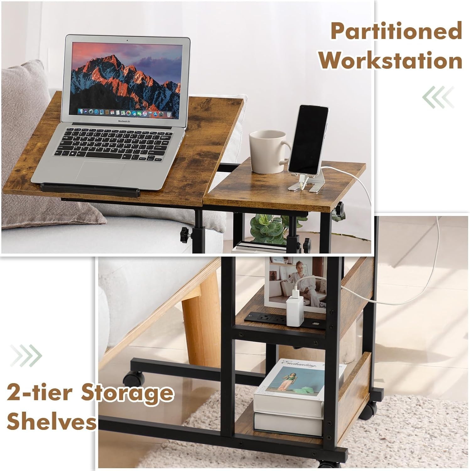 Height Adjustable C-Shaped End Table with Tilt Top & USB Charging – Rustic Brown