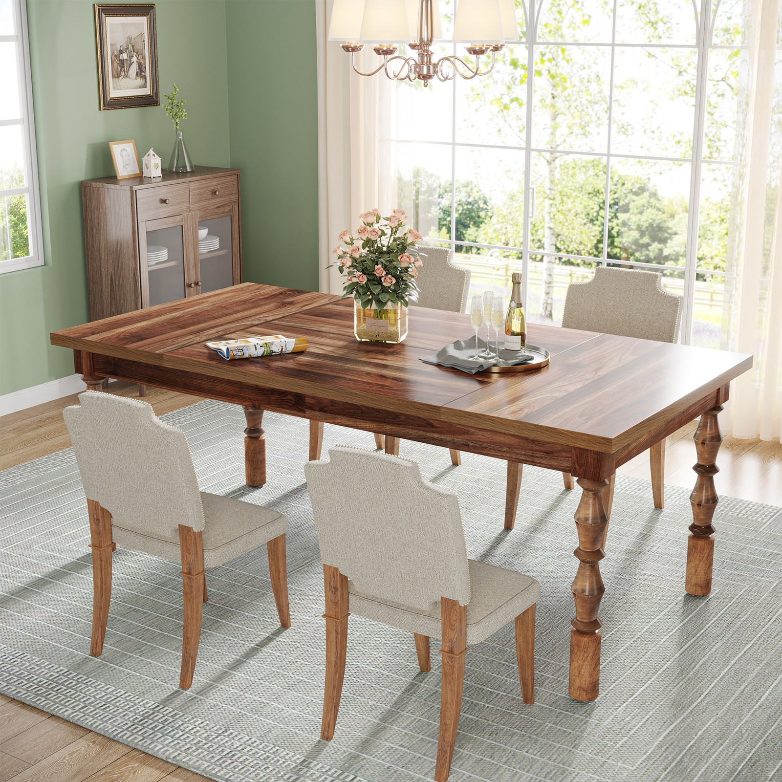 62″ Farmhouse Wood Dining Table for 4 to 6 People, Large Rectangle Kitchen Table