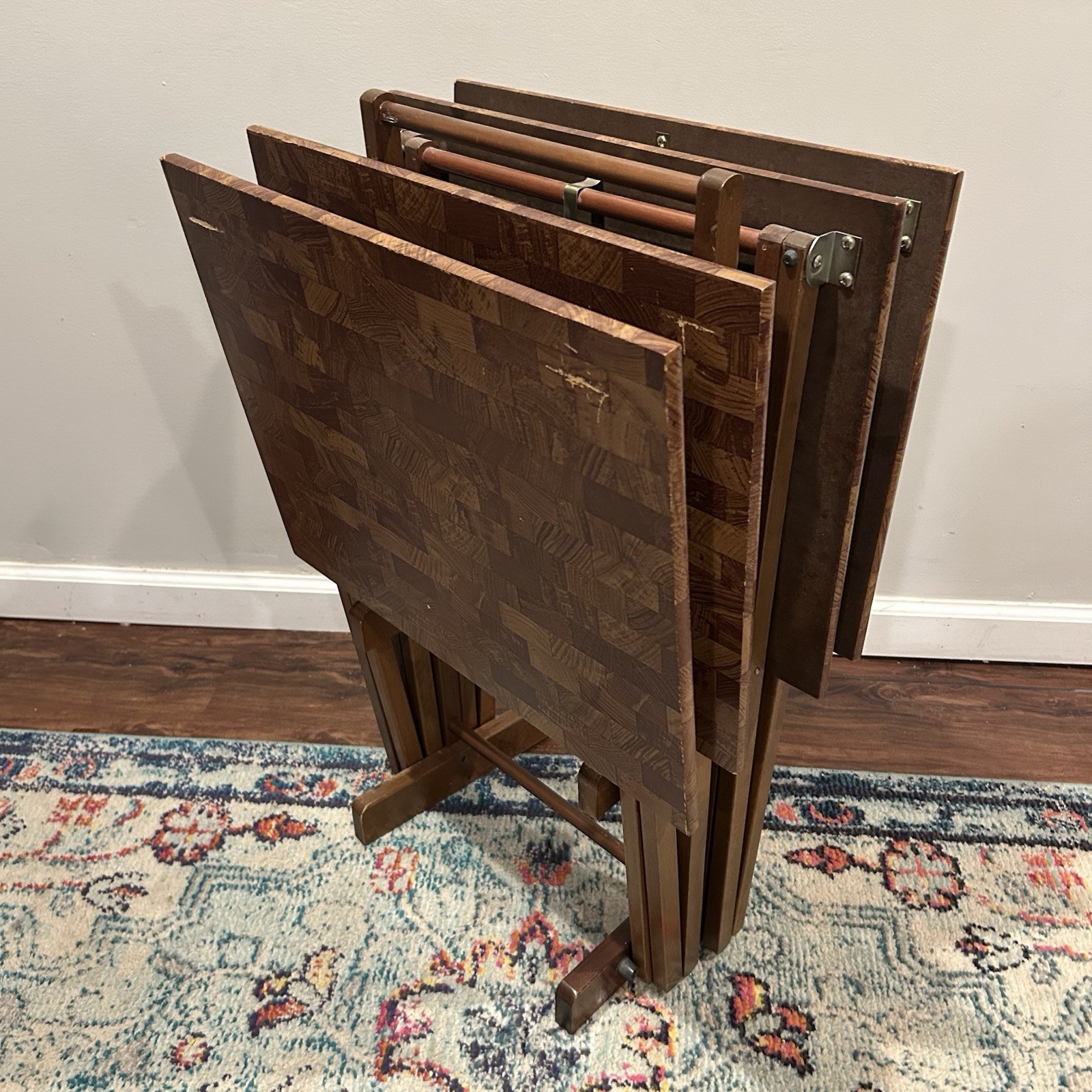 Vintage Faux Butcher Block TV Tray Set of 4 Retro Laminate Folding TV Tables