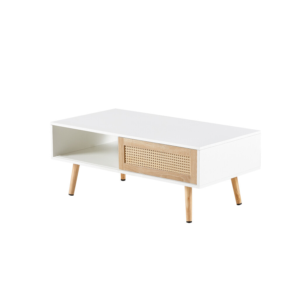 White Rattan Coffee Table with Sliding Doors – Perfect for Living Room