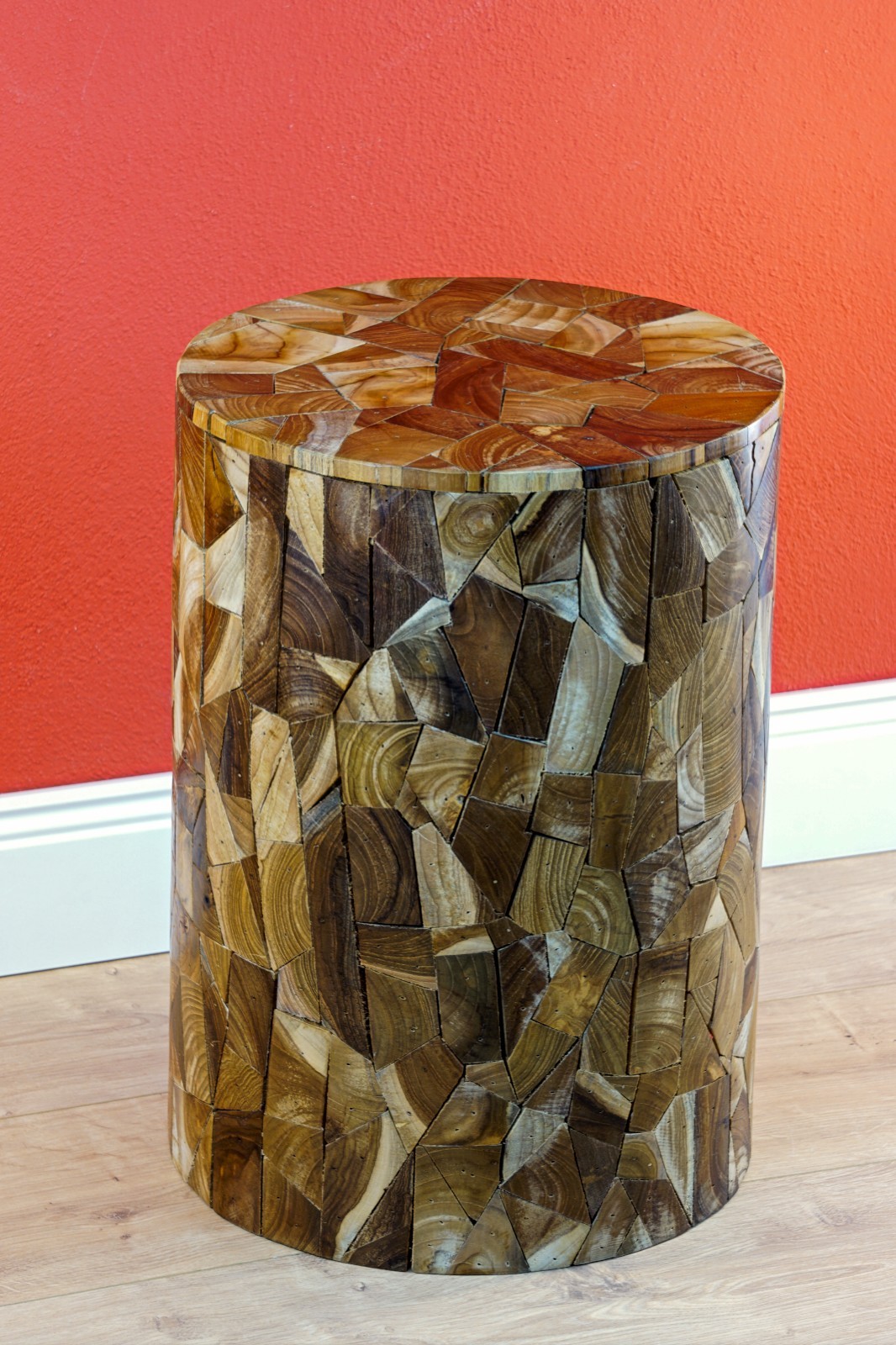 Kinaree Teak Mosaic Round Side Table Cylinder Handmade Flower Stand, Unikat