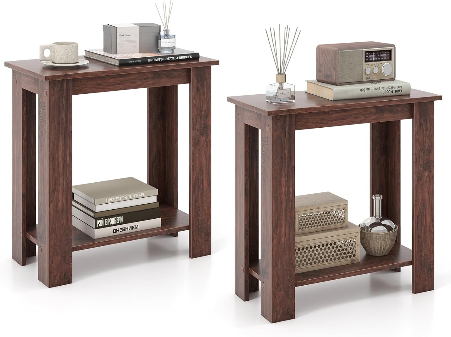 Narrow End Table Set of 2, 2-Tier Side Table with Open Storage Shelf, Retro Wood