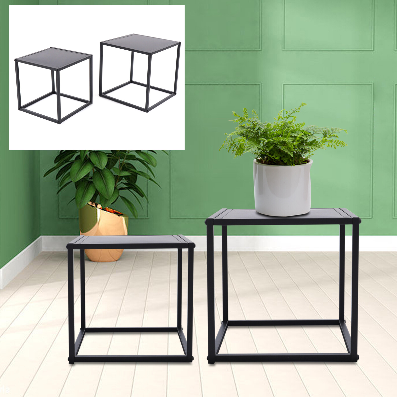 2x Square Coffee Table End Table Modern Metal Side Table Matt Black Home Office~