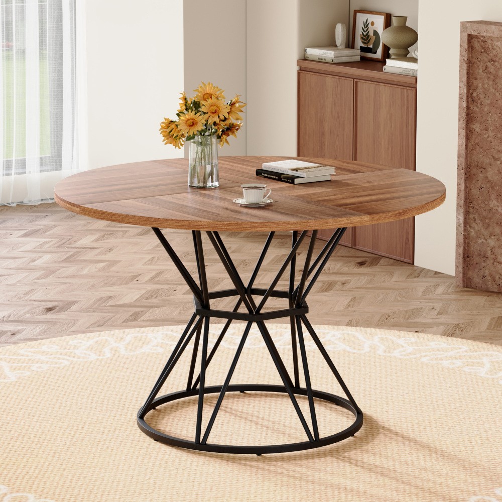 47.3″ Circular Dining Table, Walnut MDF Top, Black Hourglass Metal Base, for 4-6