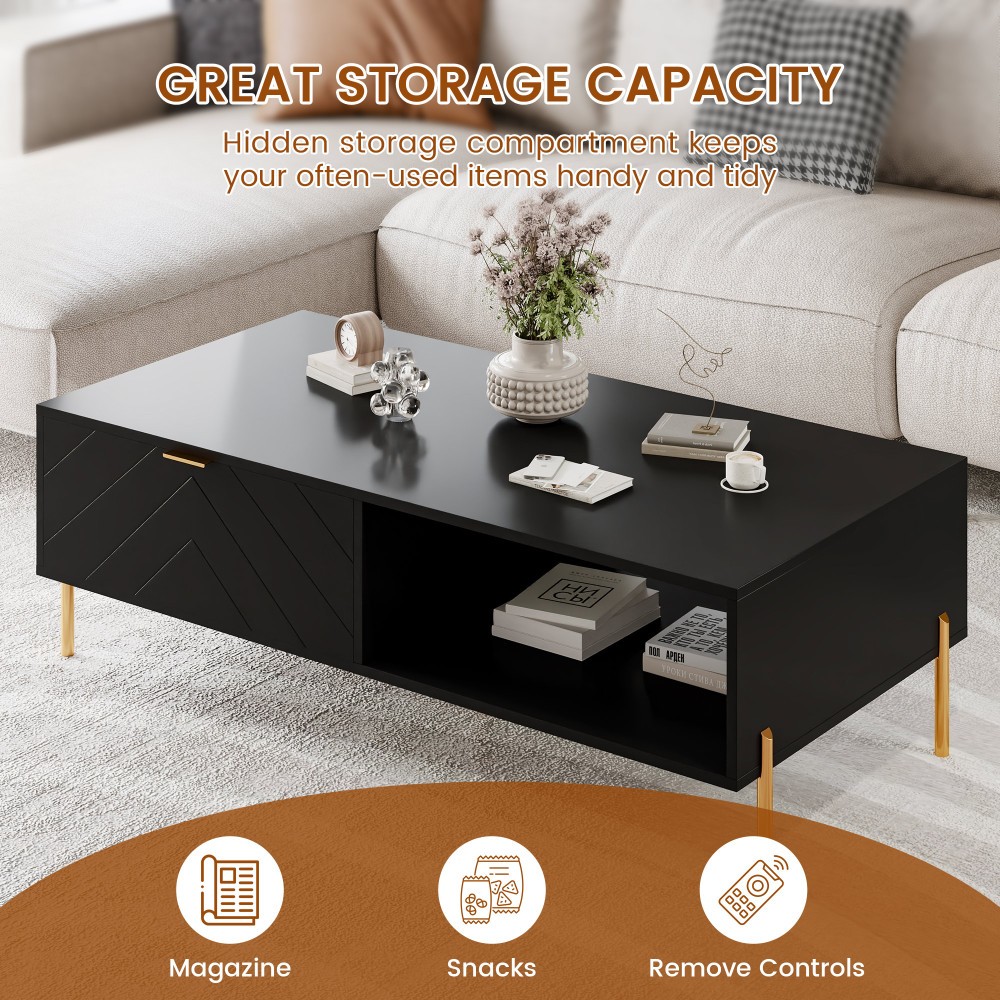Mid-Century Modern Coffee Table w/ 2 Drawers Black MDF+Metal 47.24″