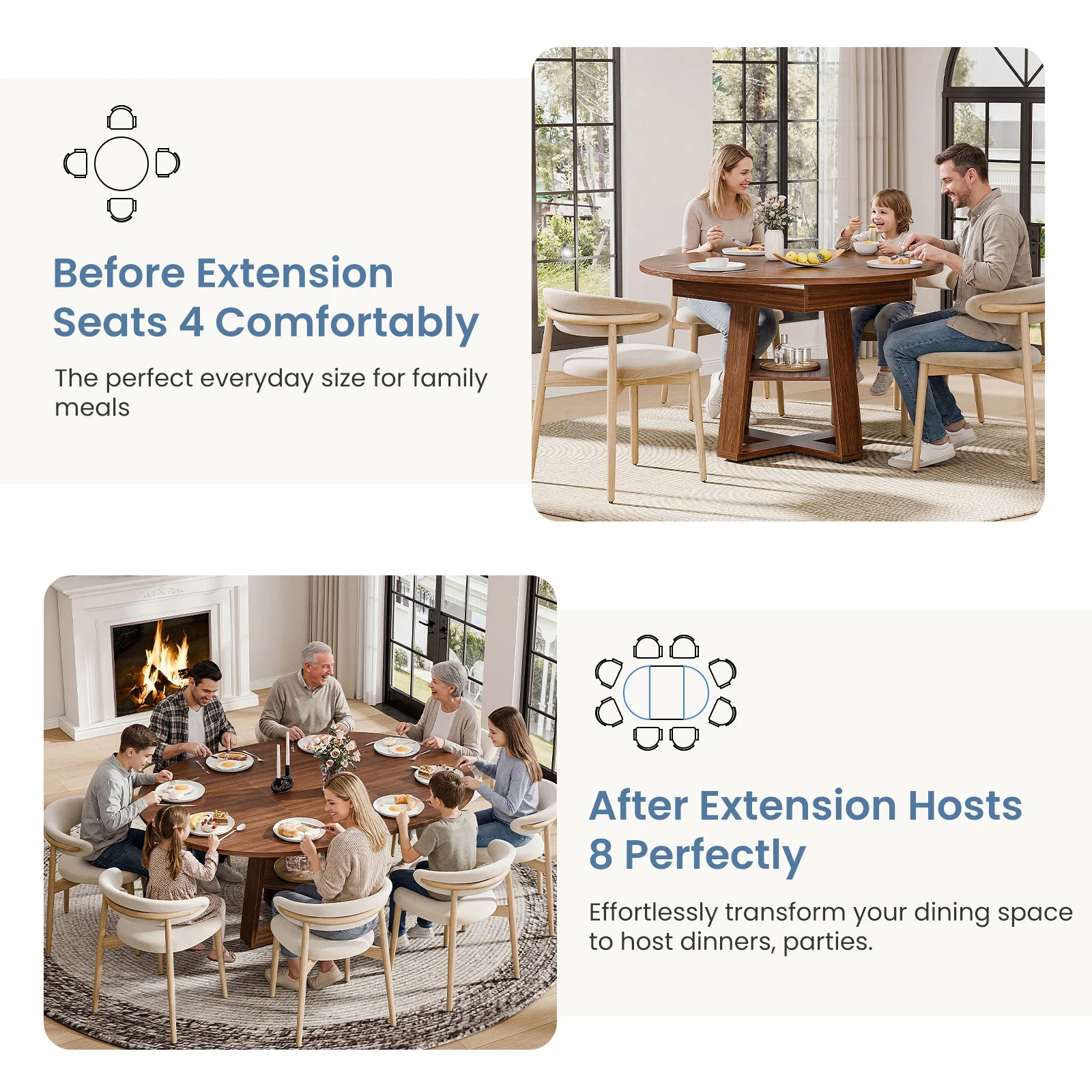 Extendable Wood Round Dining Table Oval Kitchen Storage Shelf Pedestal Base