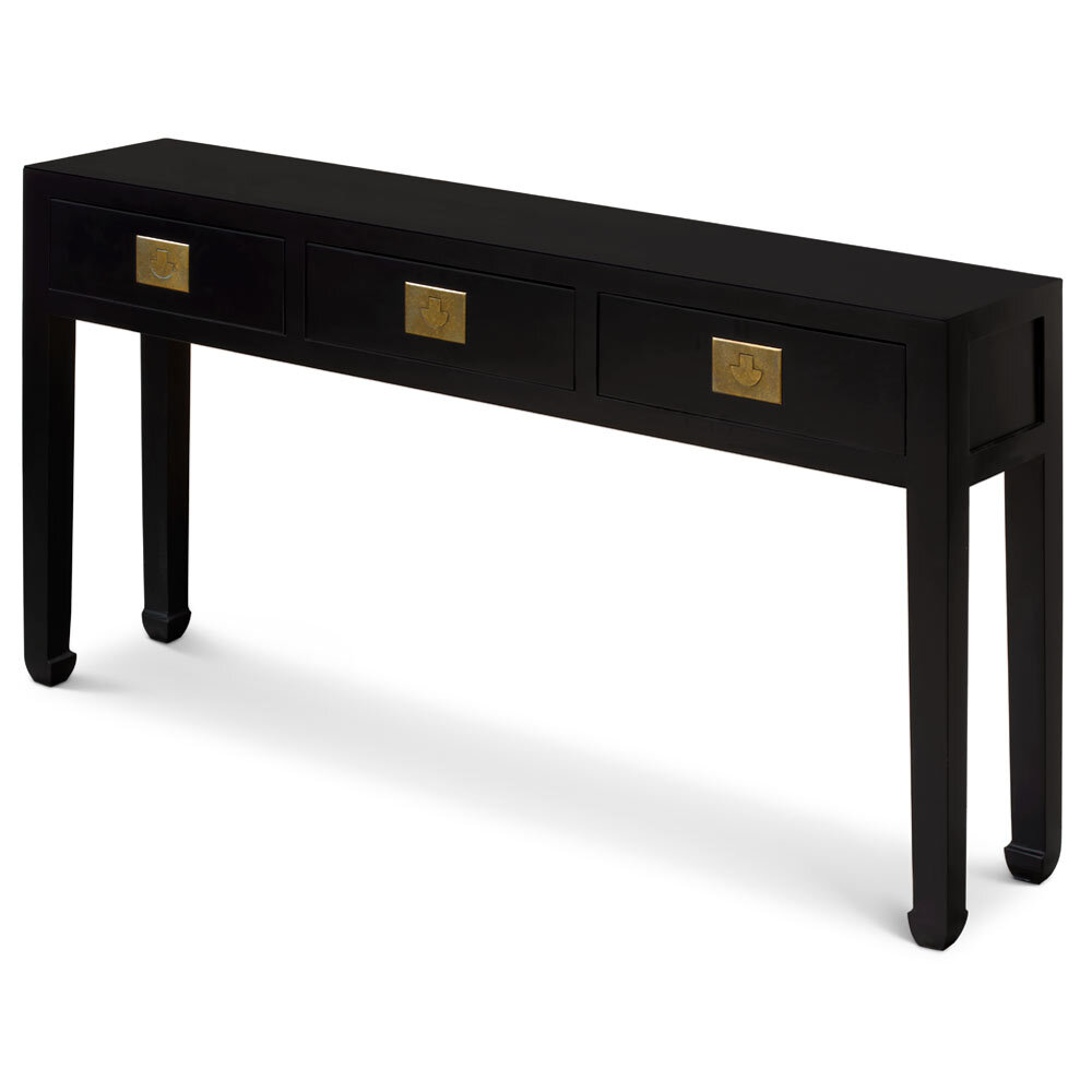 US Seller – Matte Black Elmwood Chinese Ming Console Table with 3 Drawers