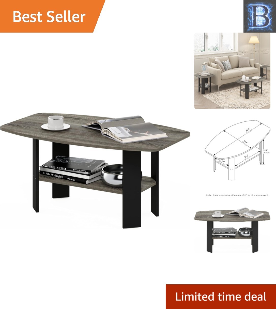 Lightweight Engineered Wood Coffee Table – French Oak Grey & Black 15.7″ Height