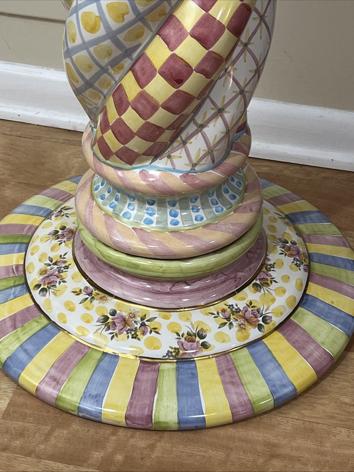 Mackenzie Childs Unique Round pedestal, Plant Stand, Side Table 33” Tall