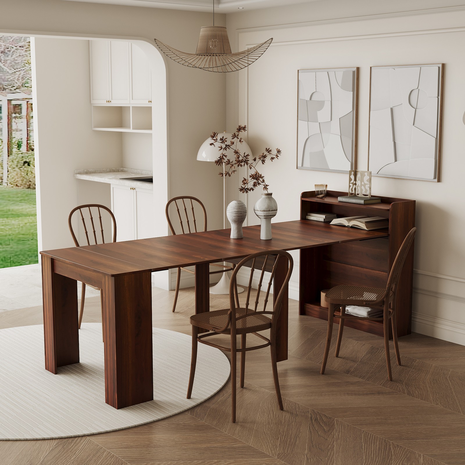 95.43″Extendable Dining Table W/Storage Transformer Kitchen Console Table Walnut