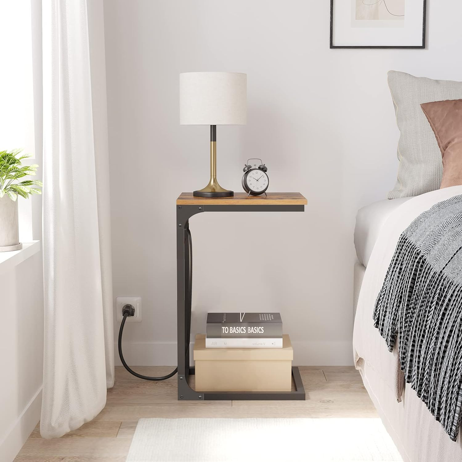 Brown C-Shaped End Table with Charging Station, 2 USB Ports and Storage for Home
