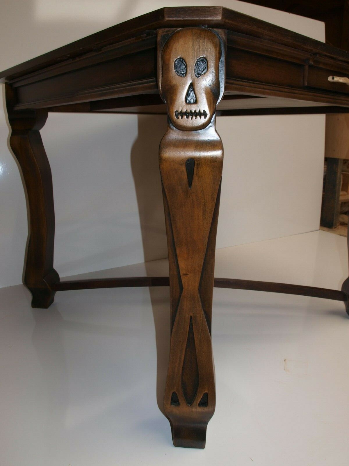  Handmade Walnut Spirit Table with Hand Carved Skull Motif Legs