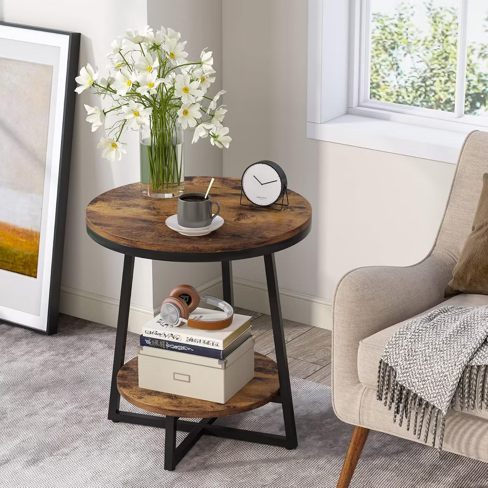 Tribesigns 2pcs 2-Tier Round Side Table with Storage Shelf, Rustic Brown
