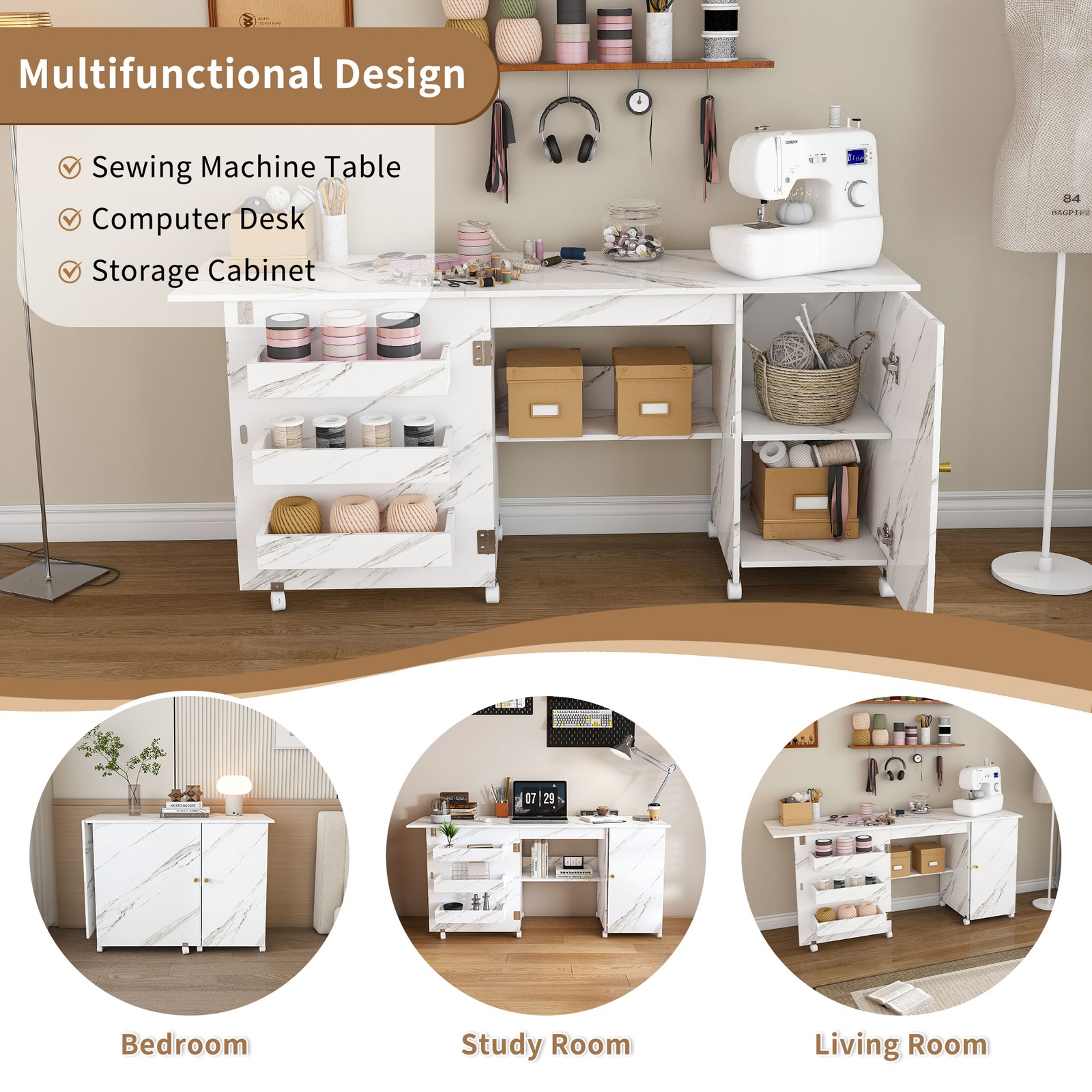 Foldable Sewing Machine Table with Locking Casters 57.5 in White