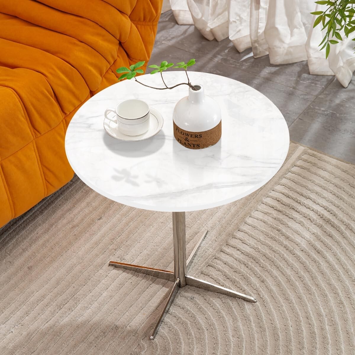 Nature Marble Small Round Table, Metal Modern Couch End Side table 15.7 Inch