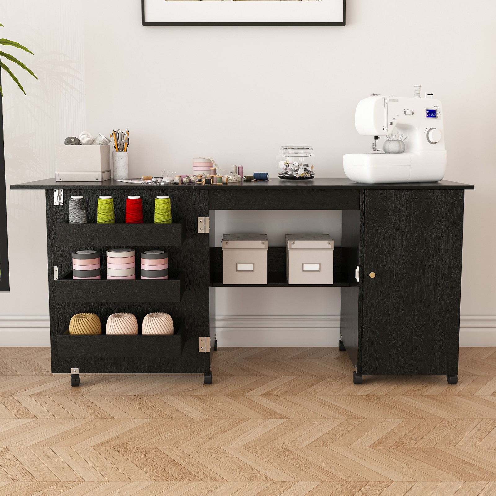Foldable Sewing Machine Table with Locking Casters 57.5 Inch Black Craft Station