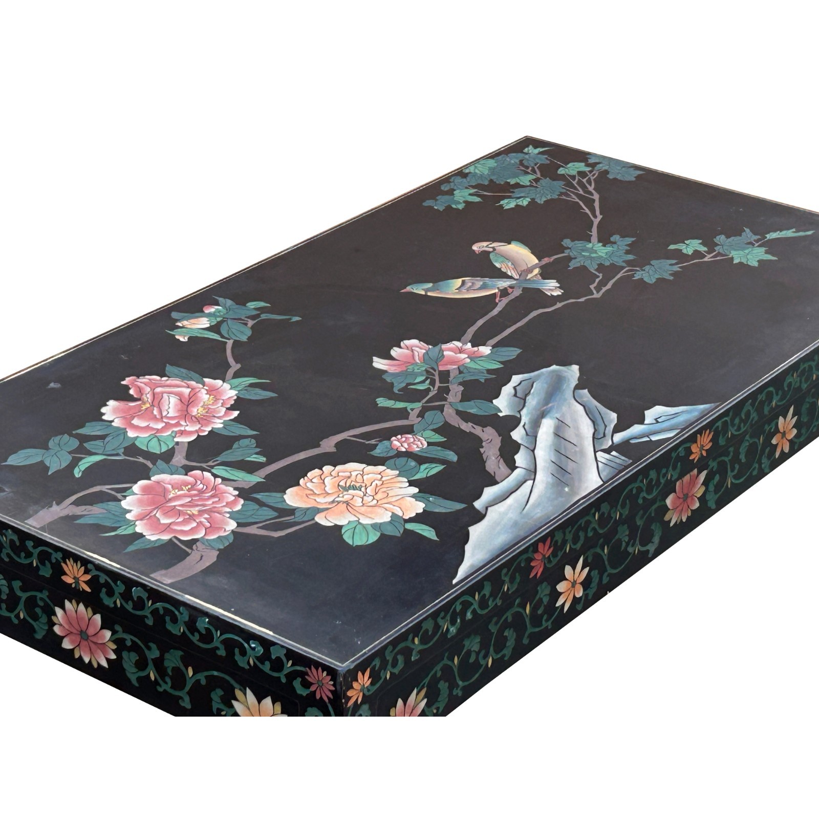 Chinese Black Lacquer Flower Birds Graphic Rectangular Low Coffee Table GB144