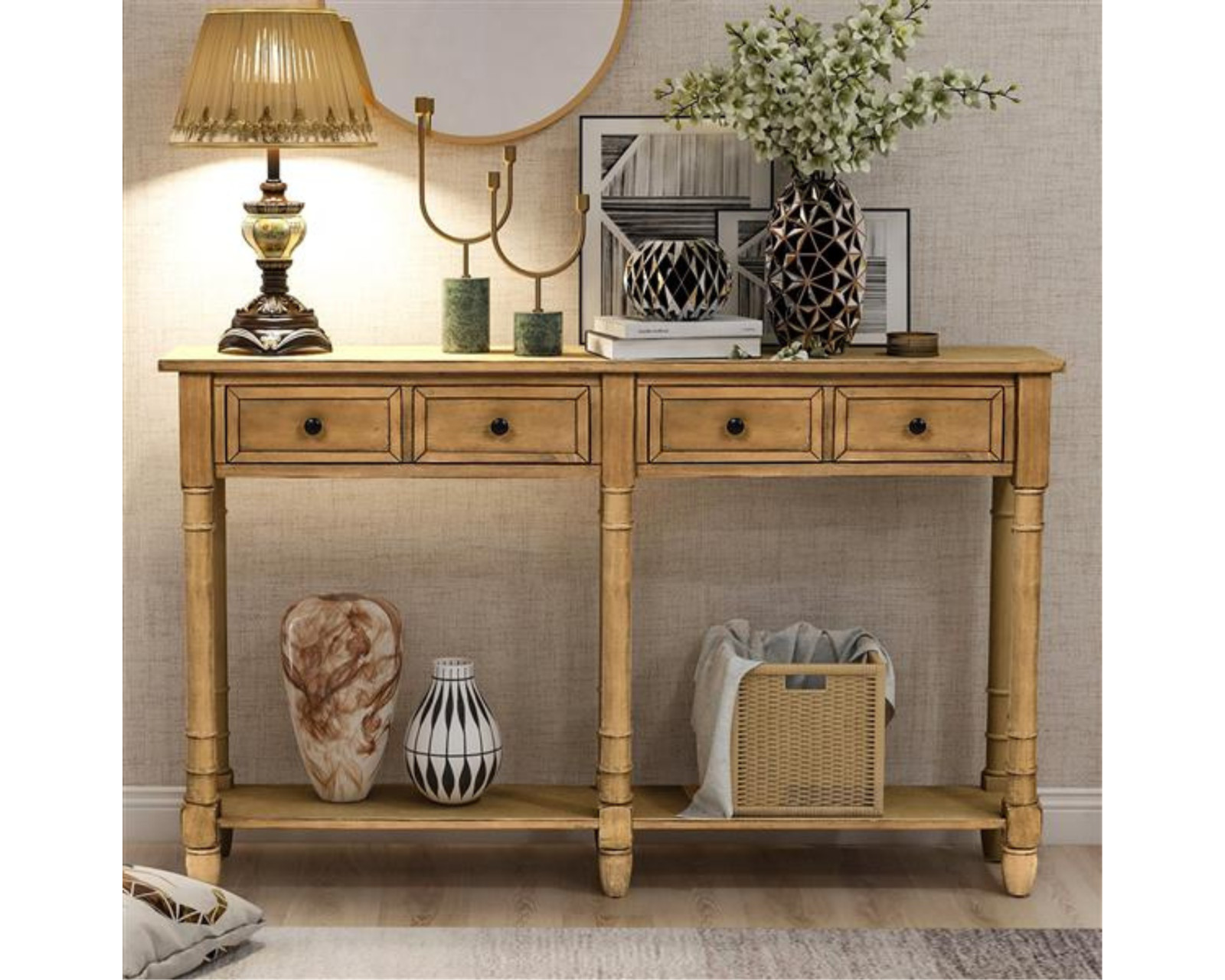 Console Table with Storage Drawers & Shelf for Entryway or Living Room, Old Pine