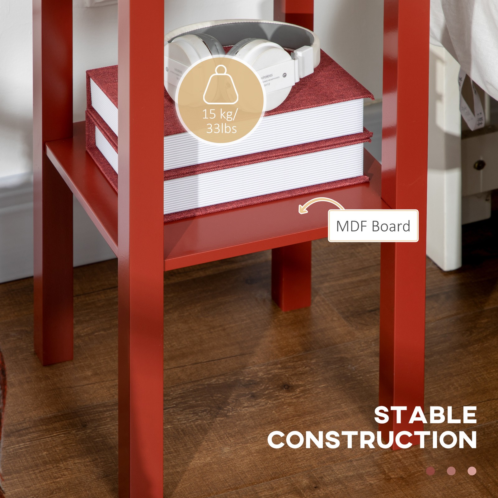 2-Tier Side Table with Drawer Shelf, End Table, Red Refurbished