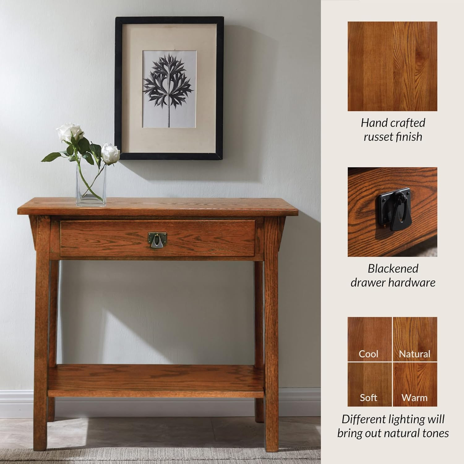 Narrow Mission Console Table with Drawer & Shelf, Solid Wood, Russet Finish