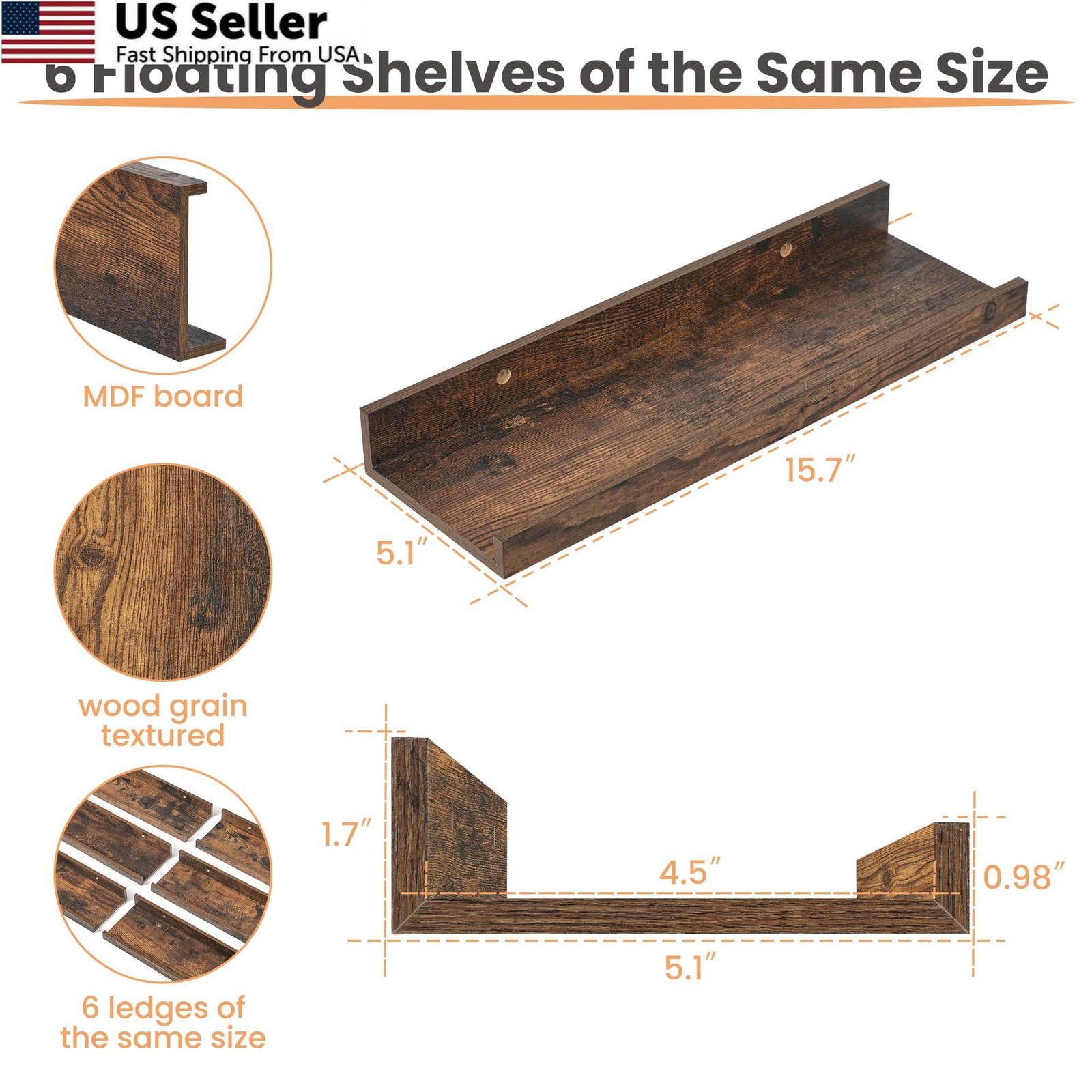upsimples Floating Shelves for Wall, Wall Decor 15.7in, Brown