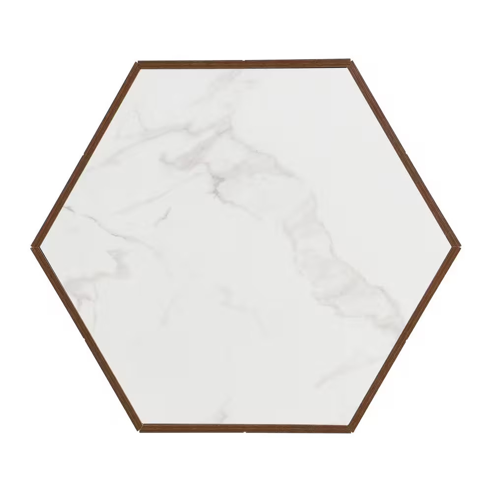 Judson Retro 31.5 In. Walnut and White Hexagon Faux Marble MDF Top Coffee Table