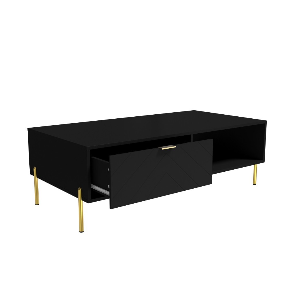 Mid-Century Modern Coffee Table w/ 2 Drawers Black MDF+Metal 47.24″