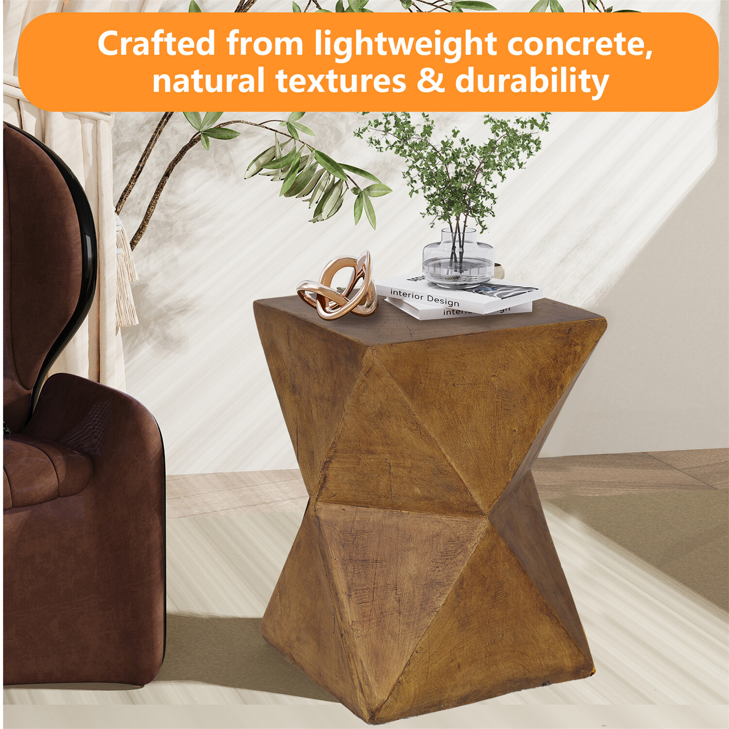 18” Tall Unique Concrete Side Table Decor Outdoor Handmade End Table Geometric