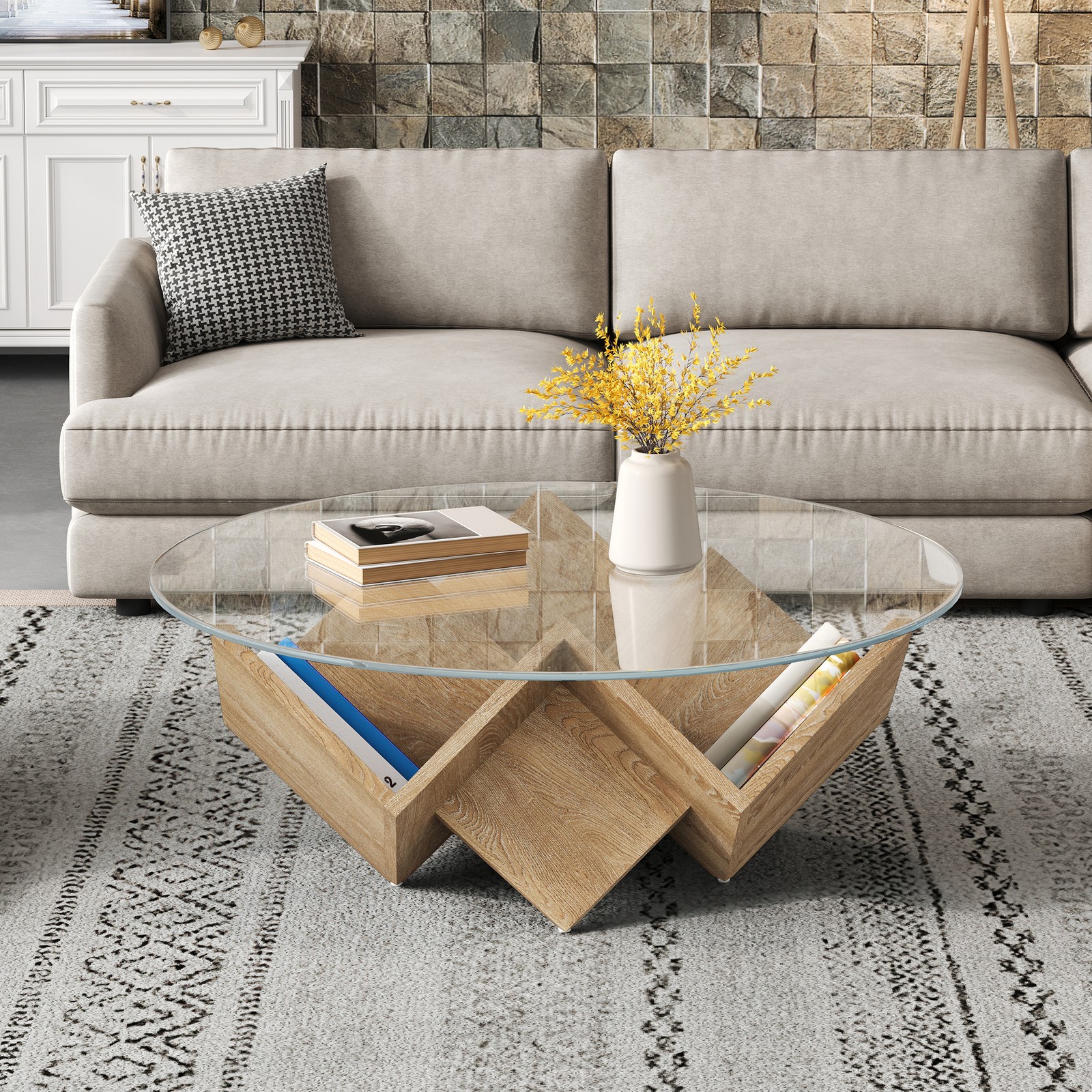 Modern Round Coffee Table with Tempered Glass Top and Geometric Art Deco Storage