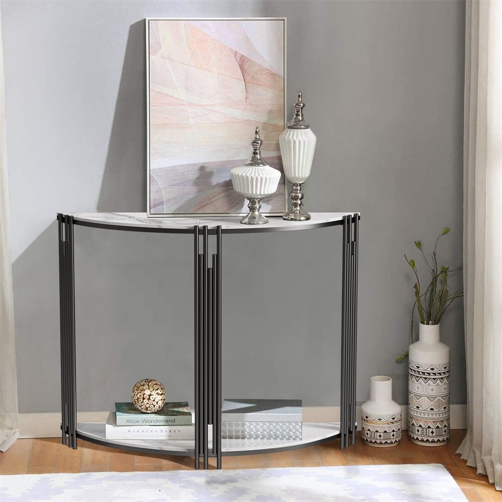 2 Tier Half Moon Marble Console Table Narrow Entryway Table Unique Geometric Leg