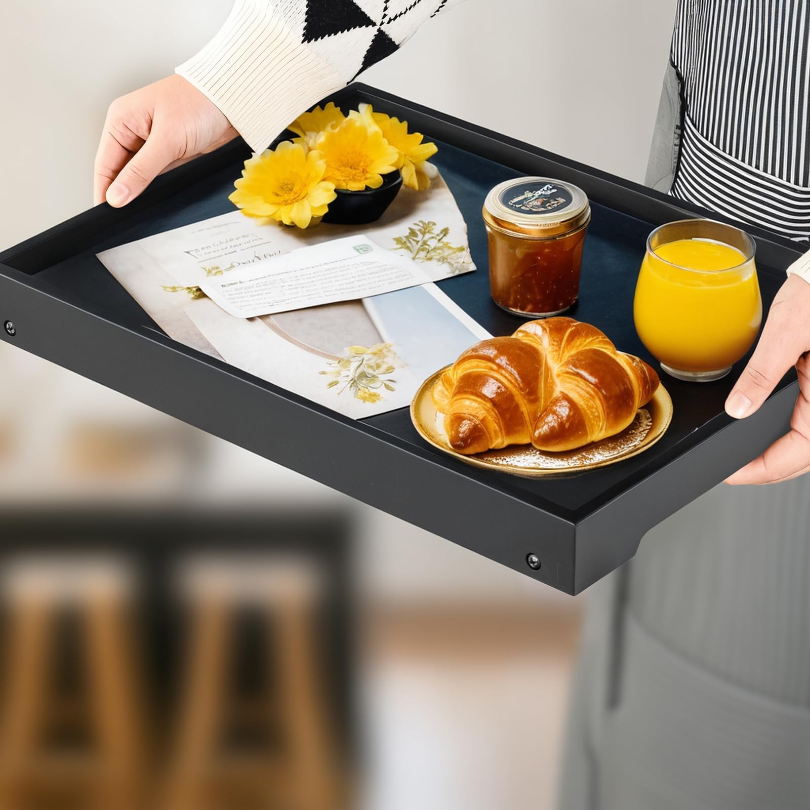 RRX Bed Tray Table with Folding Legs, Breakfast 15.8″ x 11.8″ x 1.6″, Black
