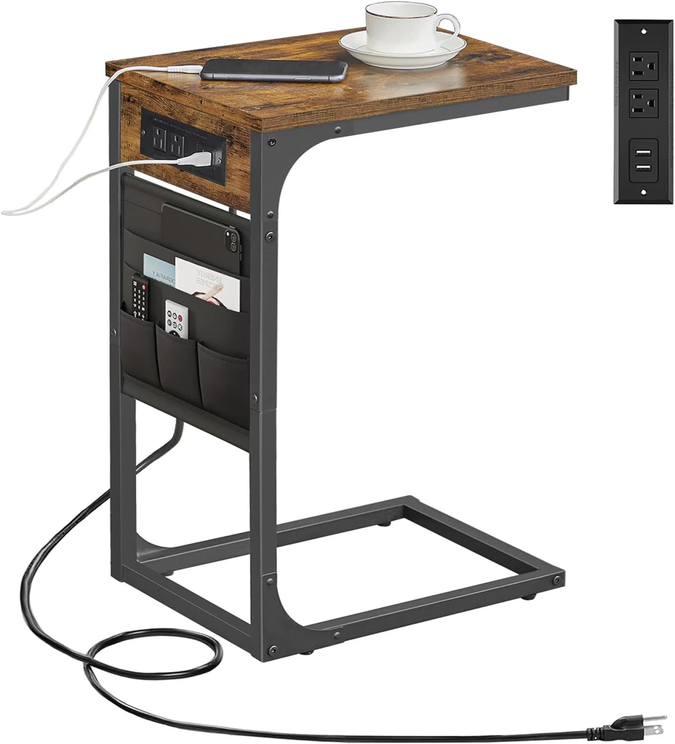Brown C-Shaped End Table with Charging Station, 2 USB Ports and Storage for Home