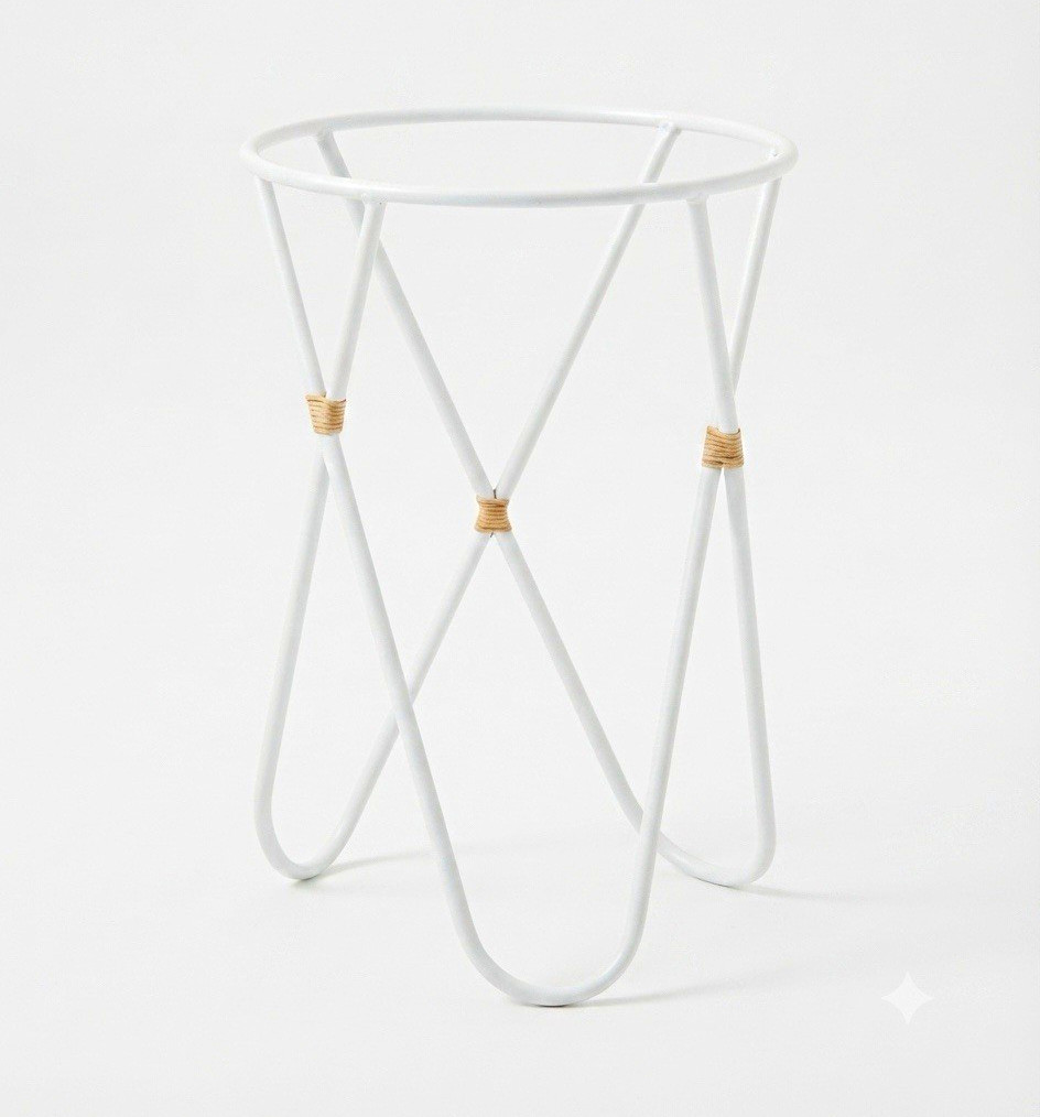 White Metal Round Plant Stand w/ Beige Wrap Accents for Patio/Porch