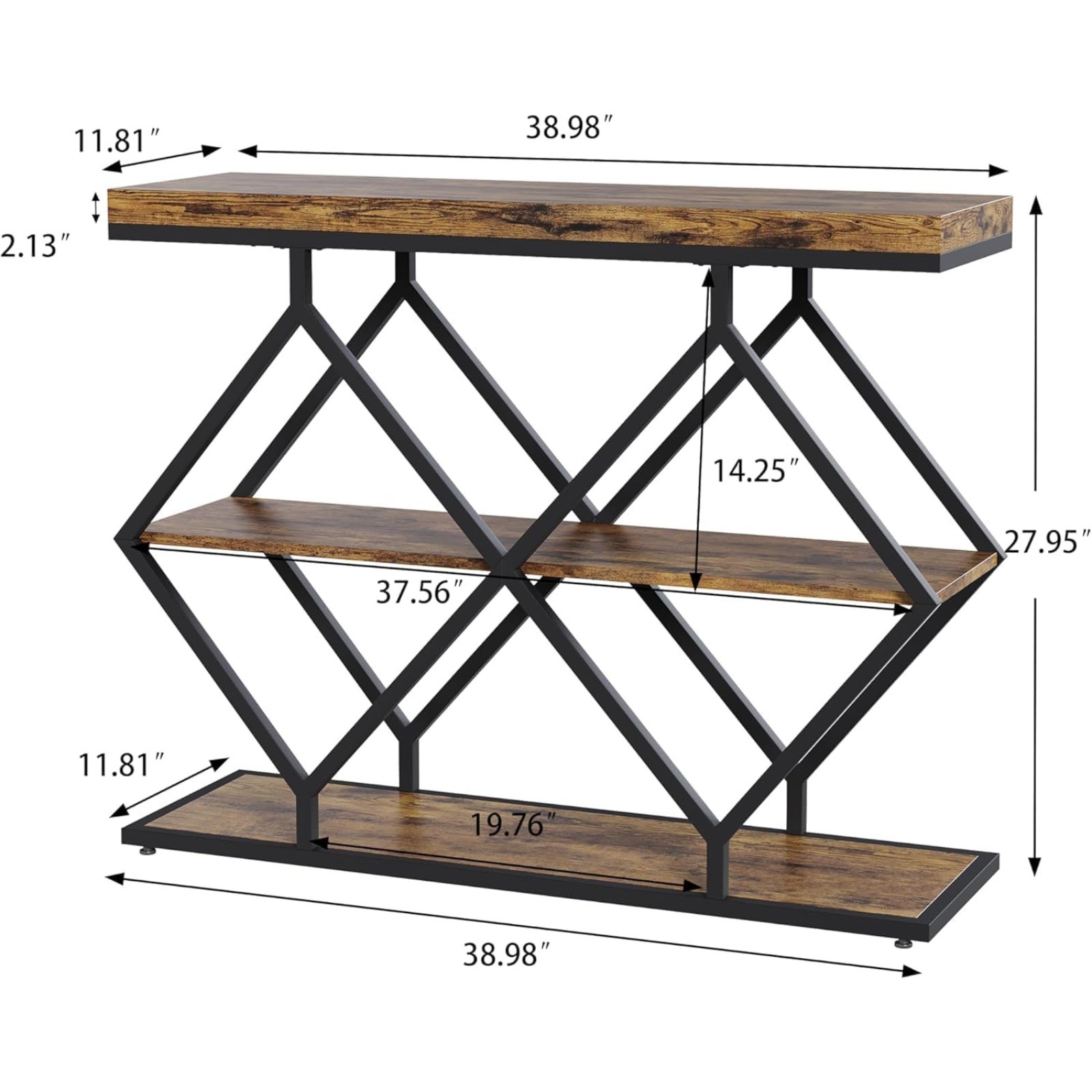 39 In 3 Tier Narrow Console Table Storage Diamond Shaped Metal Frame Sofa Table