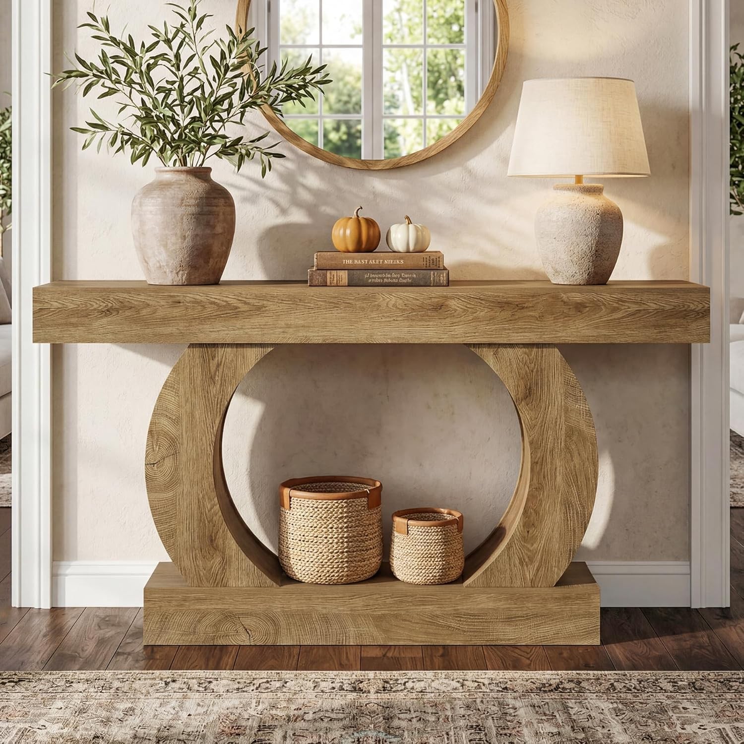 59-Inch Farmhouse Console Table, Curved Entryway Table with Unique Circular Base