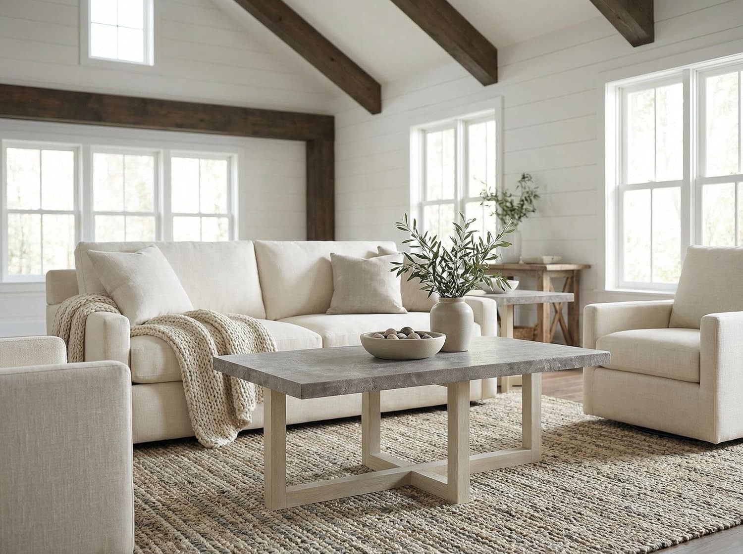 Faux Concrete & White Contemporary Coffee Table Single Piece Stylish Modern