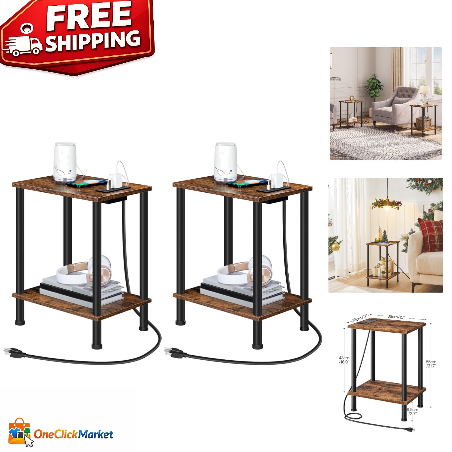 Compact End Tables with USB Ports & Storage Shelves – Rustic Design for Any Room