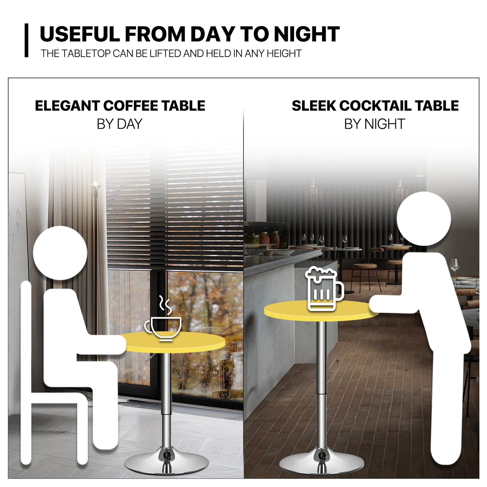 Yellow Adjustable Height Pub Bar Cocktail Table Wooden 360 Swivel Round Tabeltop