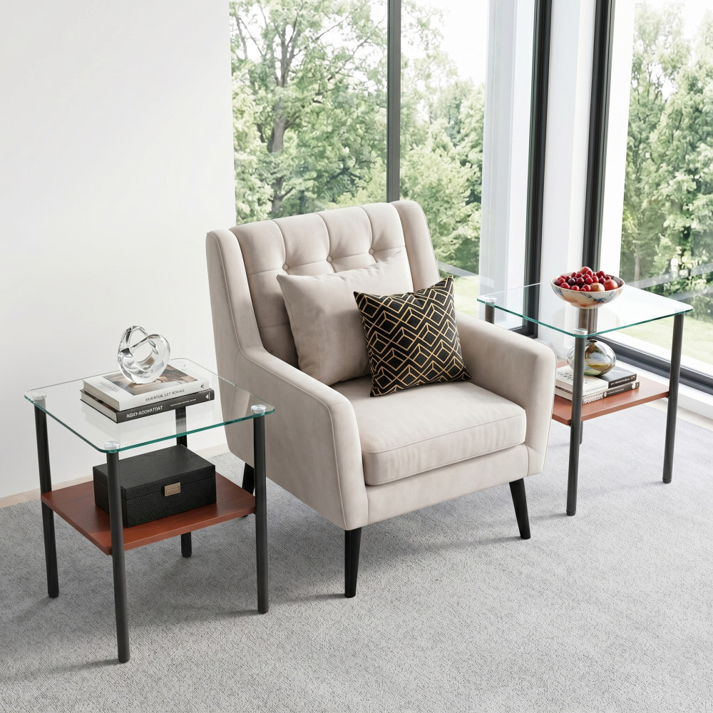 Modern 2-Piece Glass Side Table, Tempered Top with Storage Shelf, Metal Legs