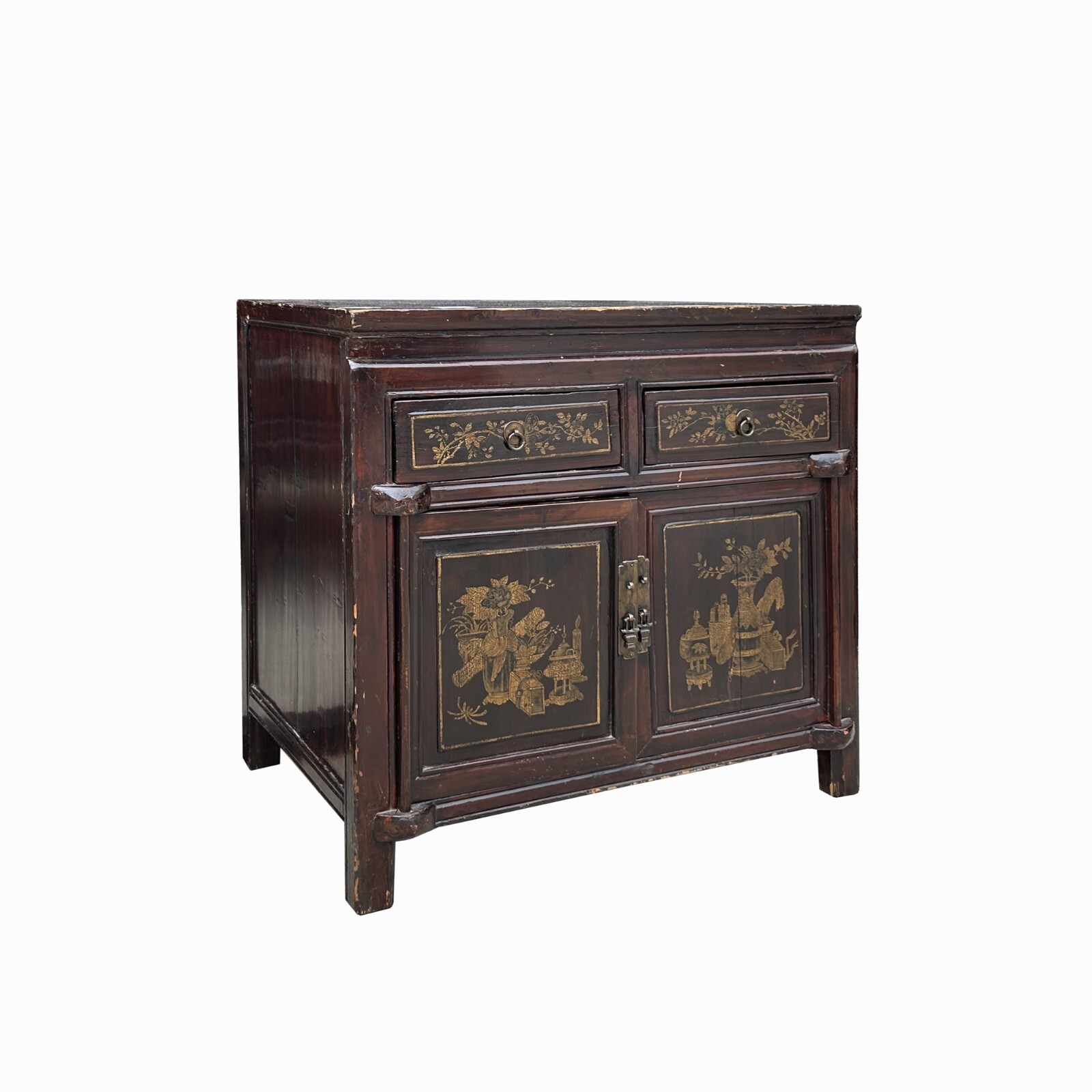 Vintage Chinese Floral Graphic Brown Drawers Table Credenza Cabinet cs7779