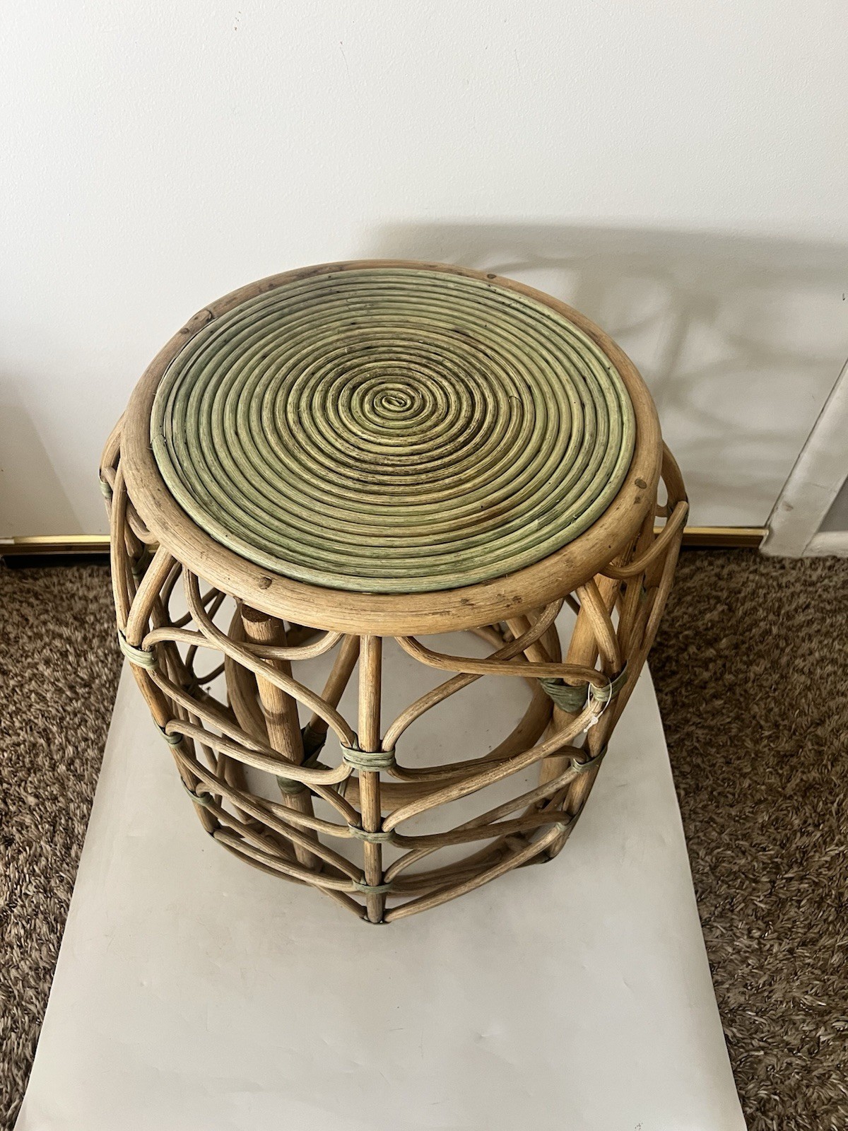 Vintage Rattan Bamboo Side Table Plant Stand Coiled Top Accent Boho Chic MCM